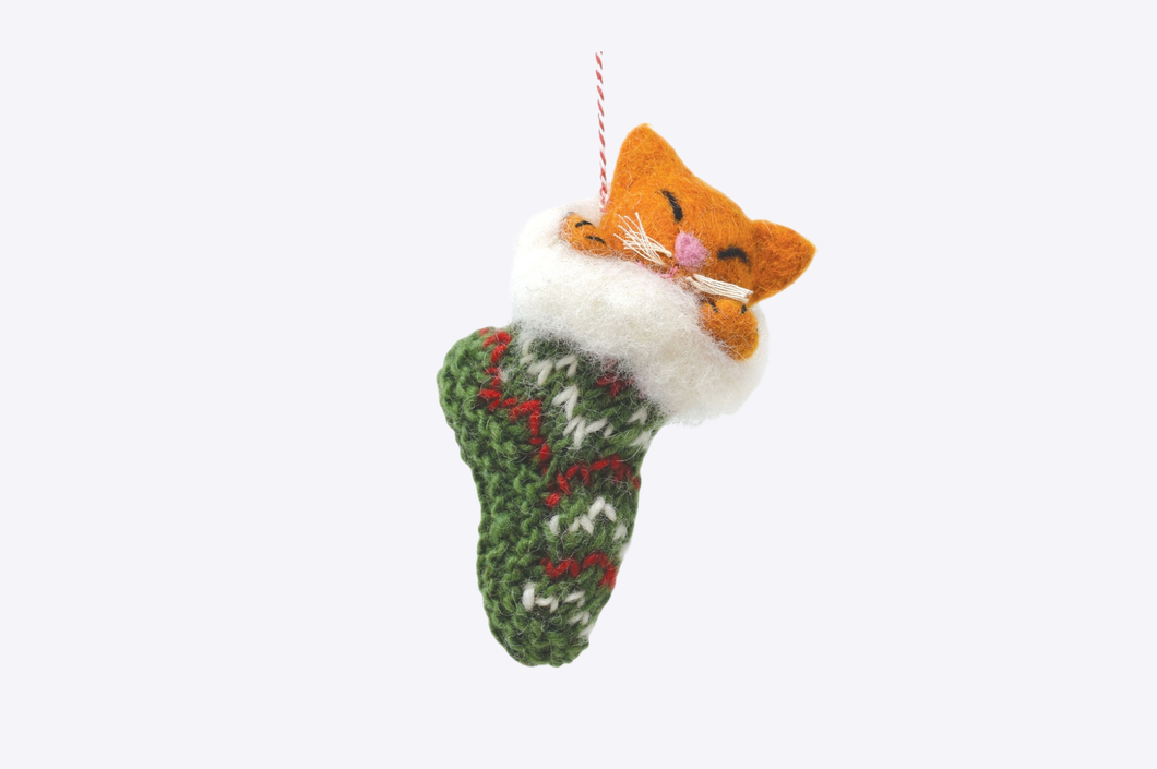 Ginger Cat in Stocking Felt Ornament